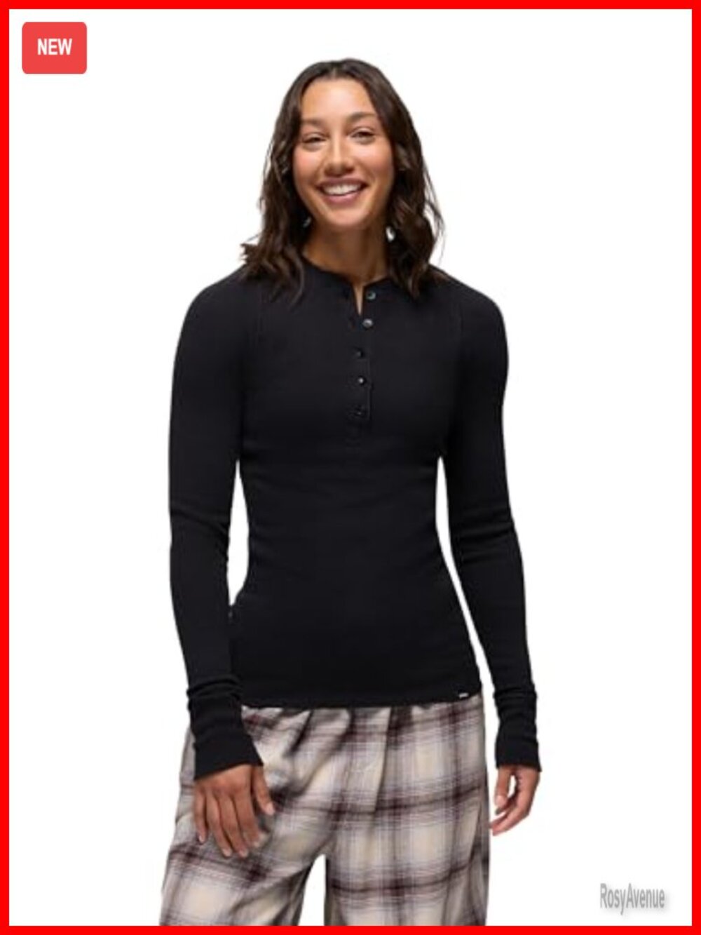 Womens Long Sleeve Henley Top Rib Knit Cuffs 5 Button Placket Outdoor
